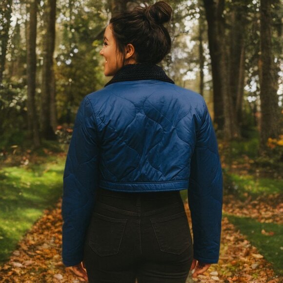 Poster GRL Women Puffer Cropped Jacket Sherpa Collar Streetwear Lightweight Coat - Picture 3 of 12